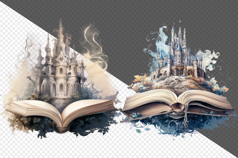 Fantasy Castle Books Clipart, Whimsical Landscape PNG (Digital Download) image 3