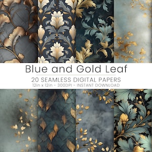 20 blauw en bladgoud patroon naadloos digitaal papier - hoge resolutie voor scrapbooking, kaarten maken, webdesign