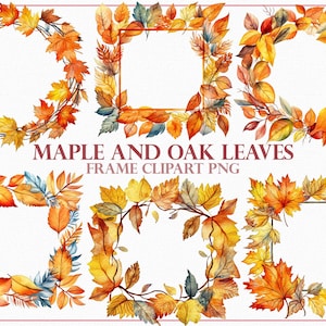 Pode incluir: Seis ilustrações de aquarela de folhas de outono dispostas em forma de coroa e moldura quadrada. As folhas são em tons de laranja, amarelo e vermelho.