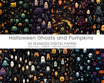 24 Halloween Ghosts and Pumpkins Digital Paper Pack - Seamless Spooky Patterns for Scrapbooking, Card Making, and Crafts, Festive Halloween