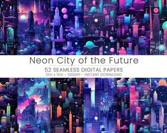 52 Neon City of the Future Digital Paper, JPG, Instant Download, Scrapbooking, Repeatable,
