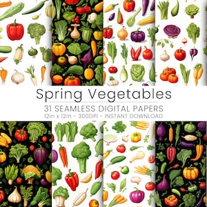 Op de afbeelding: 31 digitale papieren met naadloze patronen van lentegroenten. De patronen omvatten broccoli, wortelen, paprika's, uien, knoflook, aubergines, courgettes en meer. De patronen zijn in verschillende kleuren, waaronder groen, rood, geel, paars en wit. De patronen zijn op een witte of zwarte achtergrond. De tekst "Lentegroenten" en "31 naadloze digitale papieren" is in de afbeelding opgenomen.