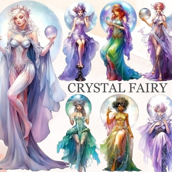 37 PNG Crystal Fairy Clipart Bundle, mettant en vedette des fées de cristal éthéré, des êtres magiques Clip Art et des fichiers numériques de sublimation, Crystal Art