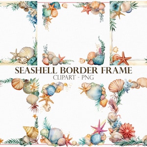 Puede incluir: Conjunto de ocho ilustraciones de acuarela de marcos de borde de conchas marinas. Cada marco presenta una disposición diferente de conchas, estrellas de mar y algas marinas en tonos de azul, verde, marrón y rosa.