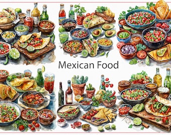 24 Imágenes Prediseñadas de Comida Mexicana, Png, Repetible, JPG, Arte Scrapbooking, Día del Cinco de Mayo, Paquete Fiesta Clipart, Celebración