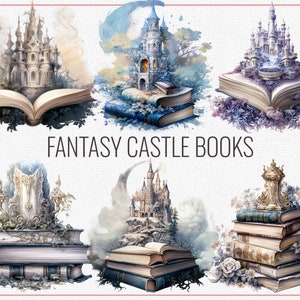 May include: Six fantasy castle illustrations, each placed on top of an open book. The castles are made of stone and have towers and spires. The books are old and worn, with leather covers and gold accents. The illustrations are surrounded by watercolor washes in shades of blue, green, and purple. The text "Fantasy Castle Books" is written in black at the bottom of the image.