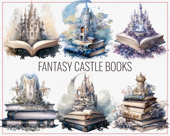 Fantasy Castle Books Clipart, Whimsical Landscape PNG (Digital Download)