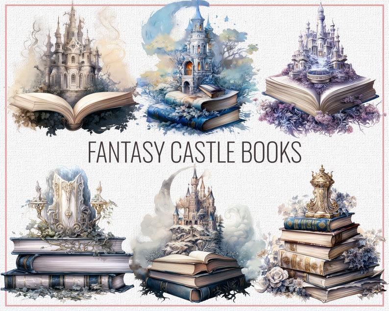 May include: Six fantasy castle illustrations, each placed on top of an open book. The castles are made of stone and have towers and spires. The books are old and worn, with leather covers and gold accents. The illustrations are surrounded by watercolor washes in shades of blue, green, and purple. The text "Fantasy Castle Books" is written in black at the bottom of the image.