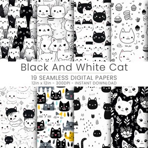 19 Papel digital de gato blanco y negro: patrones perfectos para sus proyectos creativos. Patrón repetido, Decoración del hogar, Scrapbooking, JPG