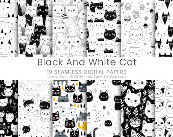 19 Zwart-wit katten digitaal papier - Purrfecte patronen voor uw creatieve ondernemingen. Herhaald patroon, Home Decor, Scrapbooking, JPG