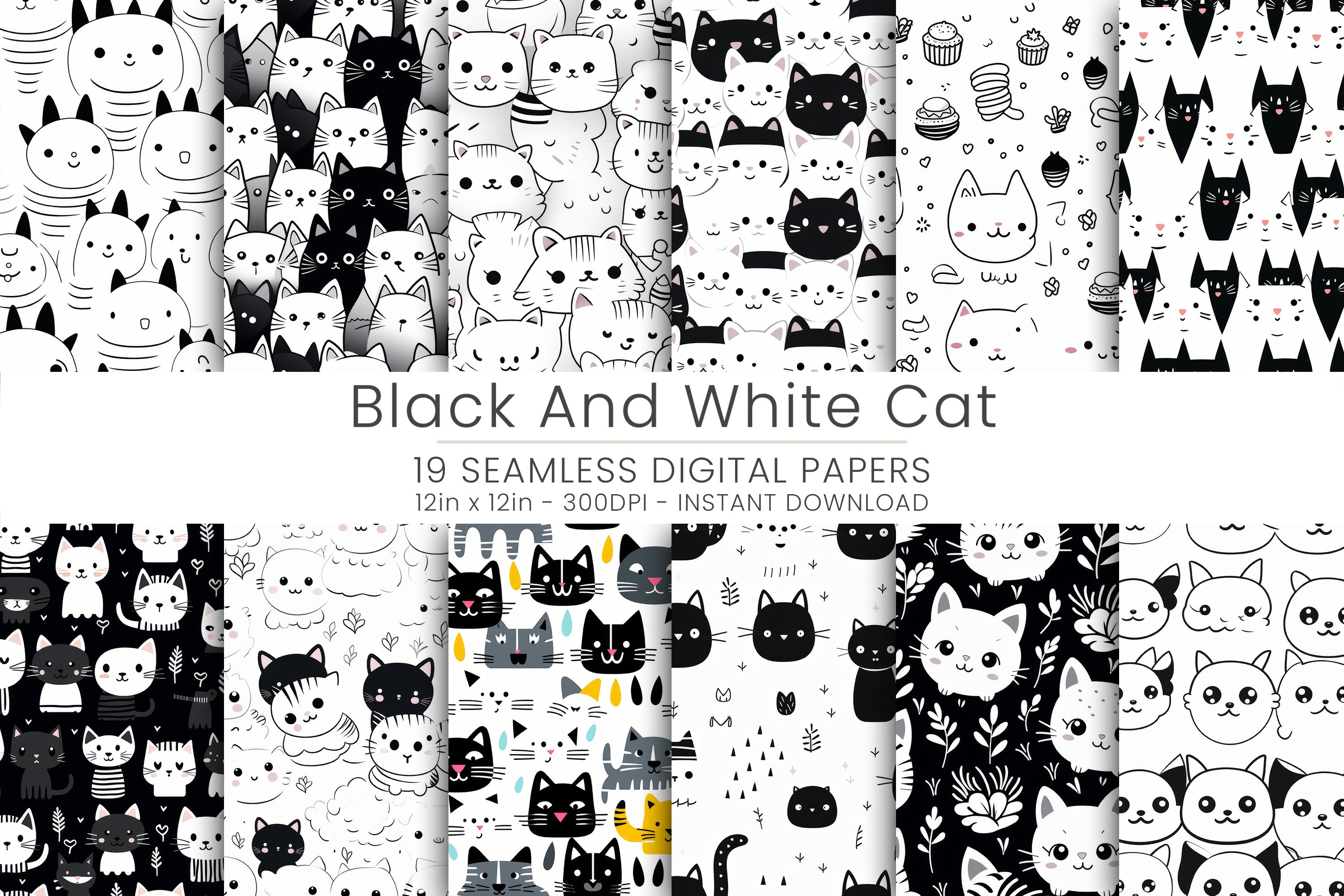 19 Black and White Cat Digital Paper - Purrfect Patterns for Your ...