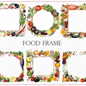 Ensemble de clipart cadre alimentaire pour 25 conceptions culinaires créatives, bordures artistiques de cuisine, bordures de plats délicieux, ensemble de cadres gastronomiques, élément de conception de menu