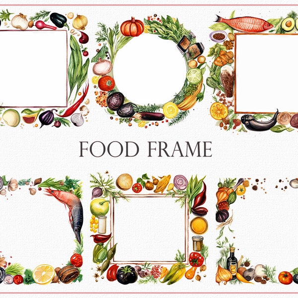 Food Frame Clipart Set for 25 Creative Culinary Designs, Kitchen Art Borders, Delicious Food Borders, Gourmet Frame Set, Menu Design Element