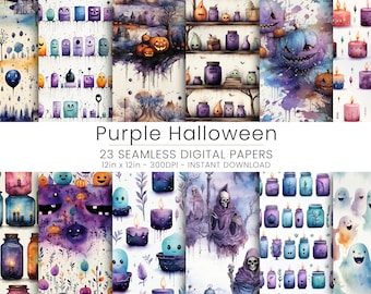 Paars digitaal Halloween-papier, naadloze spookachtige patronen (digitale download)