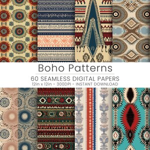 May include: A set of 60 digital papers featuring colorful, geometric patterns in a boho style. The patterns are seamless and measure 12 inches by 12 inches at 300 DPI.