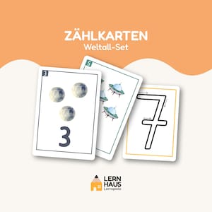 Könnte beinhalten: Ein Set aus Lernkarten zum Zählen mit der Aufschrift ZÄHLKARTEN Weltall-Set. Die Karten zeigen Illustrationen von Monden, fliegenden Untertassen und die Zahl sieben mit Richtungspfeilen zum Nachspuren. Das LERN HAUS Lernspiele Logo ist abgebildet.