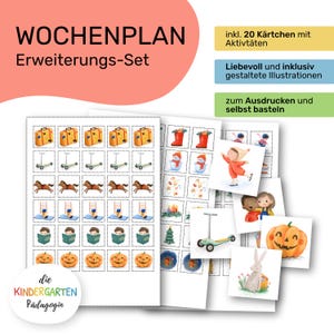 Könnte beinhalten: Ein Set mit 20 ausdruckbaren Karten für Kinder mit bunten Illustrationen von Aktivitäten wie Reisen, Spielen, Lesen und mehr. Die Karten sind für den Einsatz im Kindergarten gedacht und mit "Wochenplan Erweiterungs-Set" und "die KINDERGARTEN Pädagogin" beschriftet.