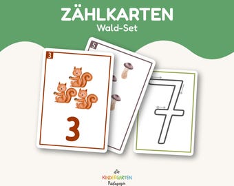 Könnte beinhalten: Lernkarten zum Zählen mit der Aufschrift ZÄHLKARTEN Wald-Set. Die Karten zeigen Illustrationen von Eichhörnchen, Pilzen und die Zahl sieben mit Richtungspfeilen zum Nachspuren. Die Karten sind weiß mit braunen und grünen Rändern und Text.