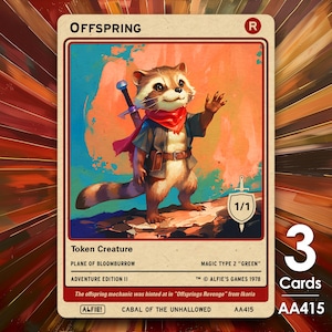May include: A trading card depicting a raccoon character with a sword, wearing a red scarf and a brown jacket. The card is labelled "OFFSPRING" and includes the text "Token Creature" and "Adventure Edition II". The card is part of a set of 3 cards.