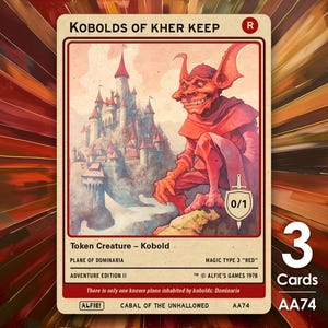 May include: A red and white trading card with a red goblin-like creature with large ears and a sword. The card is titled "Kobolds of Kher Keep" and has the text "Token Creature - Kobold" and "Plane of Dominaria".