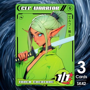 May include: A trading card featuring an elf warrior with green hair and a green outfit, holding a sword. The card has the text "ELF WARRIOR" and "TOKEN CREATURE". The card is green with a white border and the number "1/1".