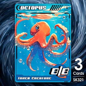 May include: A trading card depicting an orange octopus with blue tentacles in a blue underwater scene. The card is labelled "OCTOPUS" at the top and "TORCH CREATURE" at the bottom. The card also has the number "3" and the text "Cards" on the right.
