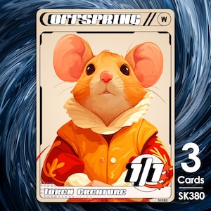 May include: A trading card with a cartoon mouse in a yellow and red outfit. The card reads "OFFSPRING" at the top and "TORCH CREATURE" at the bottom. It also displays "1/1" and "3 Cards". The background is a dark blue, swirling pattern.