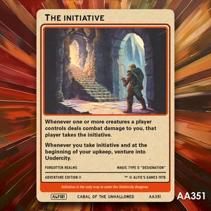 Puede incluir: Una carta de juego de rol de fantasía con un arco de piedra oscura y una figura con armadura de pie en la entrada. La carta se titula "The Initiative" e incluye el texto "Forgotten Realms Adventure Edition II" y "Magic Type O "Designation" TM @ Alfie's Games 1978".