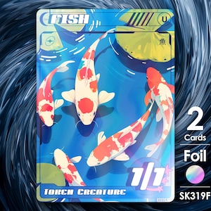 May include: A trading card featuring a colourful illustration of four koi fish swimming in a pond. The card is titled "Fish" and has a rarity of "U". The card is a "Token Creature" with a power and toughness of "1/1". The card is foil and has a holographic finish.
