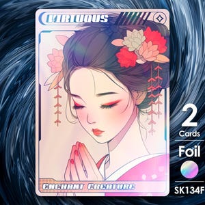 May include: A trading card featuring a stylized illustration of a woman with closed eyes, adorned with floral hair accessories. The card reads "Virtuous" at the top and "Enchant Creature" at the bottom. The card also indicates "2 Cards Foil" and has the code "SK134F".