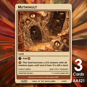 May include: A Magic: The Gathering card titled "Mutavault" with a cave illustration featuring multiple eyes. The card is tan with black text and a "3 Cards" label. The card text includes "Add" and "Adventure Edition II."