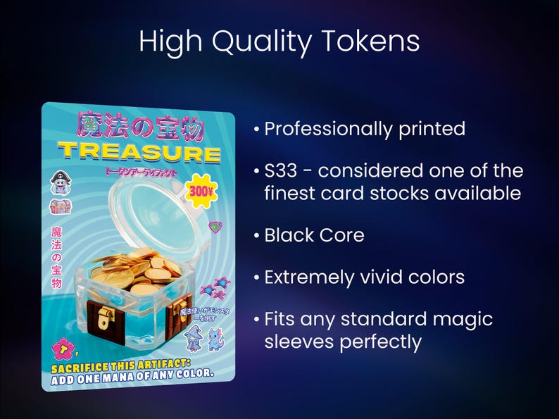 Puede incluir: Un cofre del tesoro de pl&aacute;stico transparente lleno de fichas doradas, etiquetado como "TREASURE" en japon&eacute;s e ingl&eacute;s. La tarjeta dice "SACRIFICE THIS ARTIFACT: ADD ONE MANA OF ANY COLOR." El texto "High Quality Tokens" est&aacute; en la parte superior.
