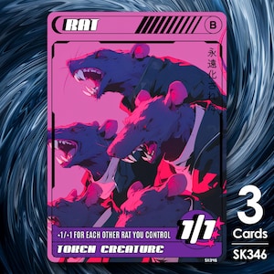 May include: A trading card featuring a stylized illustration of several purple rats with sharp teeth against a pink background. The card has the word "RAT" at the top and the text "TOKEN CREATURE" at the bottom. The card also has the numbers "1/1" and "3 Cards".