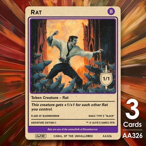 May include: A collectible trading card featuring a fantasy illustration of a man fighting a swarm of rats. The card is labeled "RAT" and includes the text "Token Creature - Rat". The card is part of the "Adventure Edition II" set.