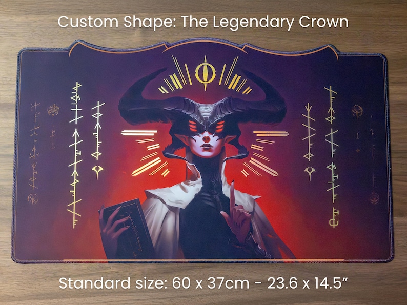 May include: Custom-shaped playmat featuring a fantasy illustration of a horned figure with a book, set against a red and purple background. The mat has a standard size of 23.6 x 14.5 inches and includes the text "Custom Shape: The Legendary Crown".