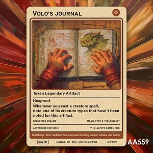 Pode incluir: Um cartão colecionável com o título "Volo's Journal" com uma ilustração de um diário aberto com um desenho de dragão. O texto do cartão descreve suas propriedades e é rotulado como "Adventure Edition II". O cartão também tem o texto "Hexproof."