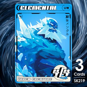 May include: A blue trading card featuring an ice elemental creature. The card has the word "ELEMENTAL" at the top, with Japanese text and the words "TOKEN CREATURE" at the bottom. The card also displays "3 Cards" and the number "4/54".