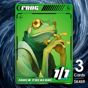 May include: A green card featuring a stylized frog with golden eyes and a contemplative pose. The card reads "FROG" at the top, "TORCH CREATURE" at the bottom, and "1/1" in the center. The card is labeled "SK459" and includes "3 Cards".