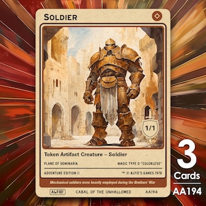 May include: A trading card featuring a golden armored soldier standing in a stone city. The card reads "SOLDIER" at the top, with "Token Artifact Creature - Soldier" and other details below. The card is part of the "Adventure Edition II" set.