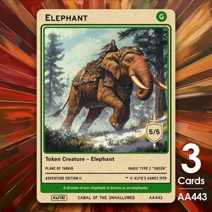 May include: A trading card depicting a brown elephant with tusks, ridden by a figure, set in a forest scene. The card is labelled "ELEPHANT" and states it is a "Token Creature" from "Plane of Tarkir". The card also has a "5/5" rating.