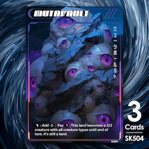 Peut inclure: Carte de jeu avec une illustration d'une créature aux multiples yeux. Le texte "MUTAVAULT" et "3 cartes" sont visibles. L'œuvre d'art présente une créature aux multiples yeux dans des tons de bleu, de violet et de blanc. Texte japonais.