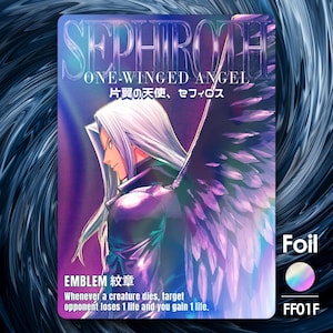 Könnte beinhalten: Eine rechteckige Sammelkarte mit einer Figur mit langem silbernem Haar und einem großen schwarzen Flügel. Der Text lautet SEPHIROTH ONE-WINGED ANGEL, japanische Schriftzeichen, EMBLEM und Whenever a creature dies, target opponent loses 1 life and you gain 1 life.