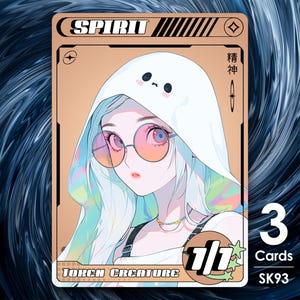 May include: Trading card with an anime-style illustration of a person with white hair, wearing a white hooded jacket and round sunglasses. The card has the word "SPIRIT" at the top and "TORCH CREATURE" at the bottom. The card is tan with a dark blue background.