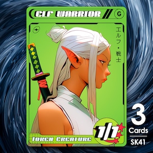 Puede incluir: Una carta verde y negra con el texto "ELF WARRIOR" en blanco. La carta presenta una ilustración de un guerrero elfo de cabello blanco con una espada atada a su espalda. La carta también incluye el texto "TOKEN CREATURE" y "3 Cards SK41".