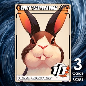 May include: A trading card with a cartoon rabbit illustration. The rabbit has brown and white fur, a pink nose, and large ears. The card reads "OFFSPRING" at the top and "TORCH CREATURE" at the bottom. It also displays "1/1" and "3 Cards".