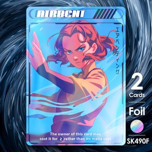 Op de afbeelding: Een ruilkaart met een blauw-witte rand toont een gestileerde illustratie van een vrouw met rood haar en blauwe ogen. De kaart leest "AIRBENT" en "2 Cards Foil". Japanse tekst is ook aanwezig. De kaart heeft een holografisch effect.