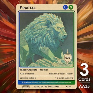 May include: A trading card with a blue and green lion illustration, labelled "Fractal." The card includes text such as "Token Creature," "Plane of Arcavios," and "Adventure Edition II." The card is set against a colourful, abstract background, with the number "3" and the word "Cards" visible.