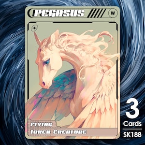 以下が含まれることがあります： ゲーム用のトークン・クリーチャーカードで、青い目をした白い羽根のある馬が描かれています。カードの上部には黒い枠の中に「PEGASUS」という文字が、下部には灰色の枠の中に「FLYING」と「TOKEN CREATURE」という文字が、右部には白い枠の中に「3 Cards SK188」という文字が書かれています。