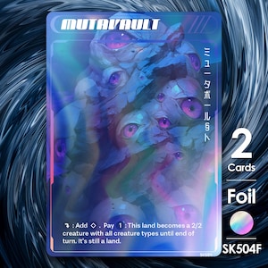 Puede incluir: Una tarjeta comercial holográfica con el texto "MUTAVAULT" en la parte superior. La tarjeta presenta una criatura azul y púrpura con múltiples ojos. La tarjeta también tiene texto japonés, el número "2" y la palabra "Foil".