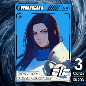 Può includere: Una carta blu e bianca con la parola "Knight" in un riquadro nero in alto. La carta presenta una donna con lunghi capelli neri e occhi azzurri. La carta contiene anche il testo "UW", "Vigilance", "Token Creature", "2/2", "3 Cards" e "SK203".